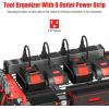 imageJUNNUJ Tool Organizer with Charging Station 3 Layers Wall Mount Garage Tools Storage with 8 Outlets Power Strip 4 Drills Holder Battery Heavy Duty Metal Shelf Utility Rack with Hooks BlackRed
