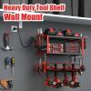 imageJUNNUJ Tool Organizer with Charging Station 3 Layers Wall Mount Garage Tools Storage with 8 Outlets Power Strip 4 Drills Holder Battery Heavy Duty Metal Shelf Utility Rack with Hooks BlackRed