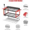 imageJUNNUJ Tool Organizer with Charging Station 3 Layers Wall Mount Garage Tools Storage with 8 Outlets Power Strip 4 Drills Holder Battery Heavy Duty Metal Shelf Utility Rack with Hooks BlackRed