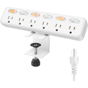 imageDesk Clamp Power Strip Individual Switches JUNNUJ 6 Outlet 800J Surge Protector Clamp Desktop Removable Table Desk Mount Socket Tabletop Edge Station 6FT Power CordWhite