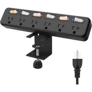imageDesk Clamp Power Strip Individual Switches JUNNUJ 6 Outlet 800J Surge Protector Clamp Desktop Removable Table Desk Mount Socket Tabletop Edge Station 6FT Power CordBlack