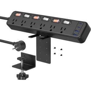imageJUNNUJ Clamp Power Strip Standing Desk with 20W USB C 2 in 1 Clip Desktop Surge Protector Edge Mount Outlet with 6 Individual Switches Fit 26 inch Table Top 6 FT Extension Cord Flat Plug 1200J6FT