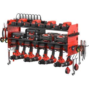 imageJUNNUJ Large Pegboard Power Tool Organizer with Charging Station 8 Drills Driver and Tools Battery Holder Wall Mount with 8 Outlet Power Strip Black 3Layer Shop Garage Storage Utility RackRed