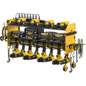 imageJUNNUJ Large Pegboard Power Tool Organizer with Charging Station 8 Drills Driver and Tools Battery Holder Wall Mount with 8 Outlet Power Strip Black 3Layer Shop Garage Storage Utility RackYellow