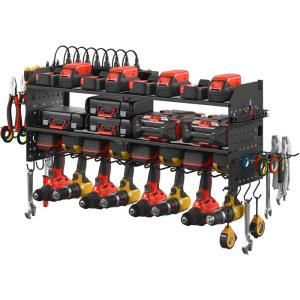 imageJUNNUJ Large Pegboard Power Tool Organizer with Charging Station 8 Drills Driver and Tools Battery Holder Wall Mount with 8 Outlet Power Strip Black 3Layer Shop Garage Storage Utility RackBlack