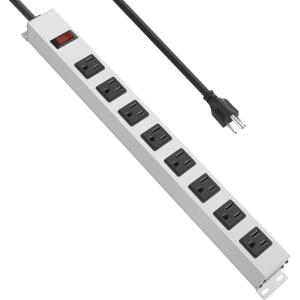 imageJUNNUJ Metal 12 Outlet Power Strip Mountable Heavy Duty Power Strip 1200J Surge Protector Wall Mount Screws Outlet with Switch Gaming Desk Strips Wide Spaced 15A 125V 1875W 6 FT 14AWG Power Cord10 FT