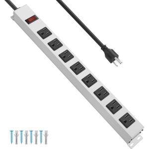 imageJUNNUJ Metal 12 Outlet Power Strip Mountable Heavy Duty Power Strip 1200J Surge Protector Wall Mount Screws Outlet with Switch Gaming Desk Strips Wide Spaced 15A 125V 1875W 6 FT 14AWG Power Cord6 FT