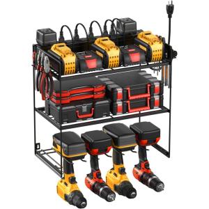 imageJUNNUJ Power Tool Organizer with 10 Outlet Power Strip 4 Layer Wall Mount Drill Holder with Charging Station 4 Drills Storage Shelf Shop Garage Utility Rack BlackStandard