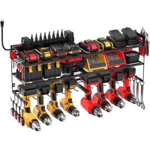 imageJUNNUJ Power Tool Organizer with 10 Outlet Power Strip 4 Layer Wall Mount Drill Holder with Charging Station 4 Drills Storage Shelf Shop Garage Utility Rack BlackLarge