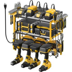 imageJUNNUJ Tool Organizer with Charging Station 3 Layers Wall Mount Garage Tools Storage with 8 Outlets Power Strip 4 Drills Holder Battery Heavy Duty Metal Shelf Utility Rack with Hooks BlackYellow