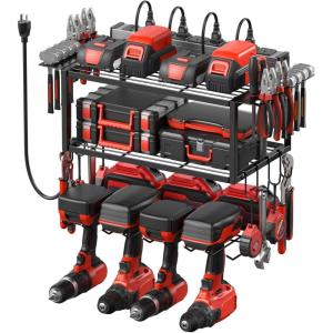 imageJUNNUJ Tool Organizer with Charging Station 3 Layers Wall Mount Garage Tools Storage with 8 Outlets Power Strip 4 Drills Holder Battery Heavy Duty Metal Shelf Utility Rack with Hooks BlackBlack