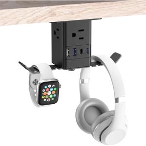 imageJUNNUJ Under Desk Headset Stand with Charger 20W USB C Power Strip 3 Outlet with Headphone Hook Table Mount Surge Protector with PC Game Hanger Holder Built in Cable Clip Organizer 6 FT Cord
